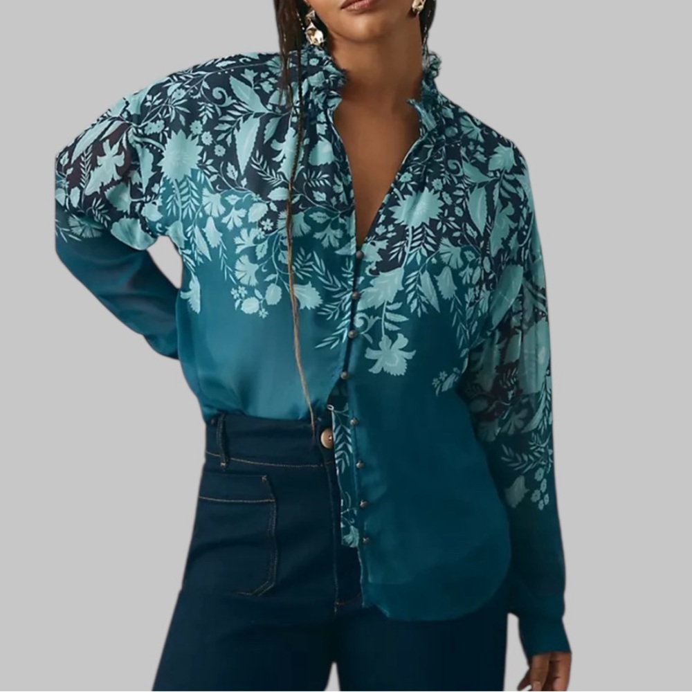 Anthropologie Pilcro Tavi Blue Floral Button Down Blouse Top Size M